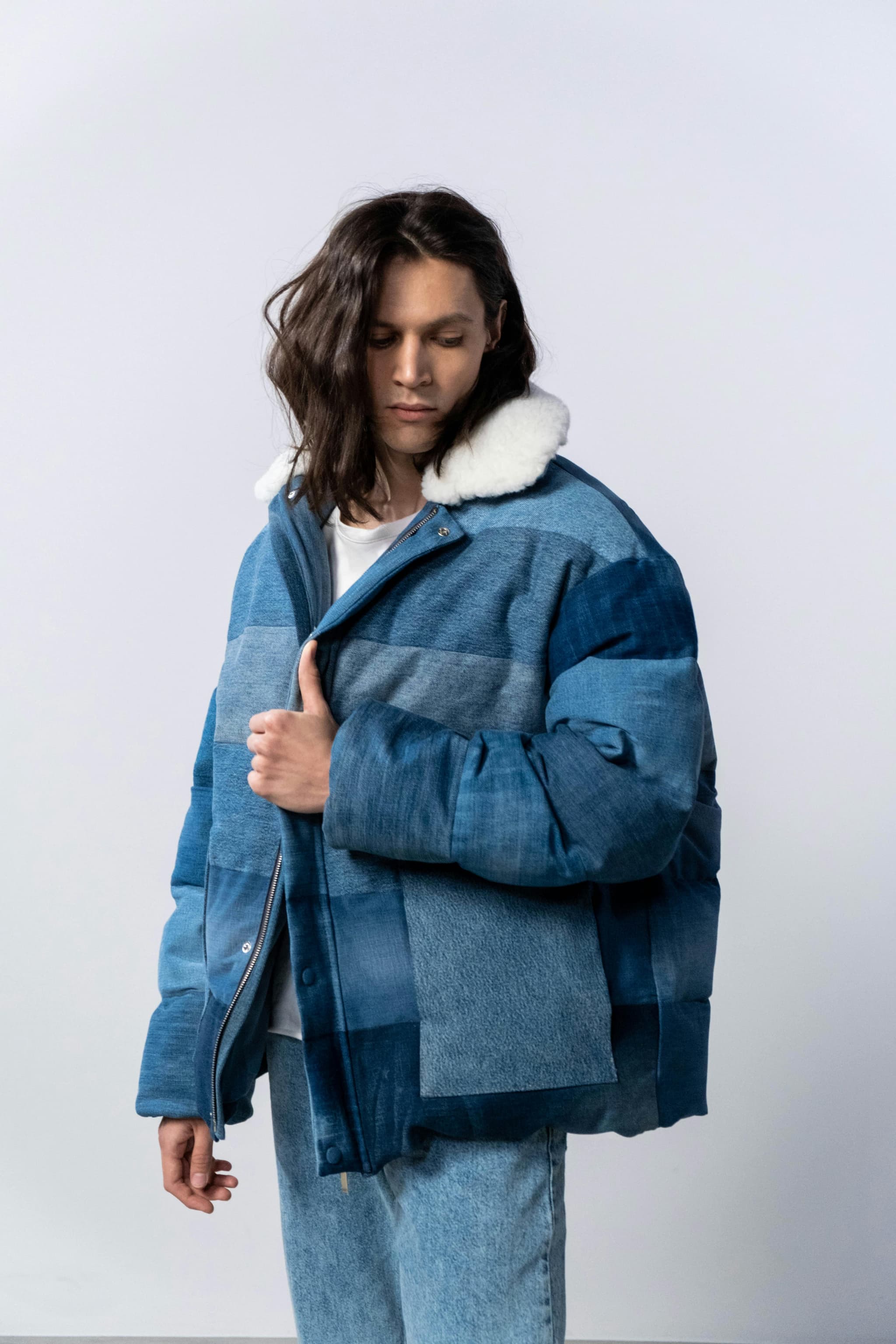 Patchwork Denim Puffer Fabric & Shearling Close-up